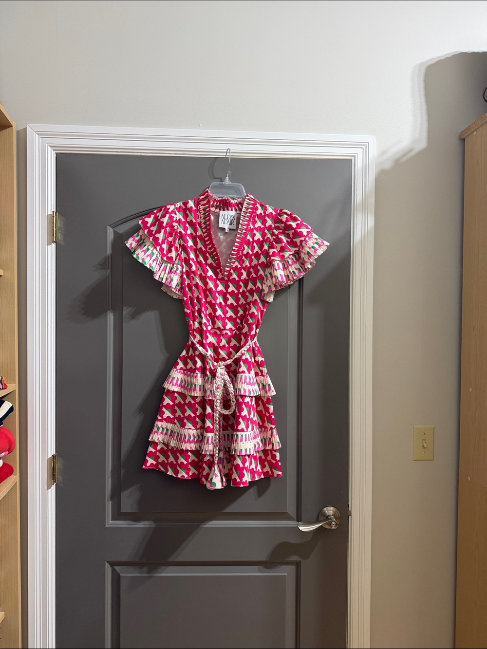 Pink Patterned Ruffle Wrap Dress